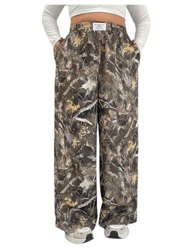 WDIRARA Women's Plus Size Camo Pants Elastic Waist Wide Leg Camouflage Loose Casual Trousers