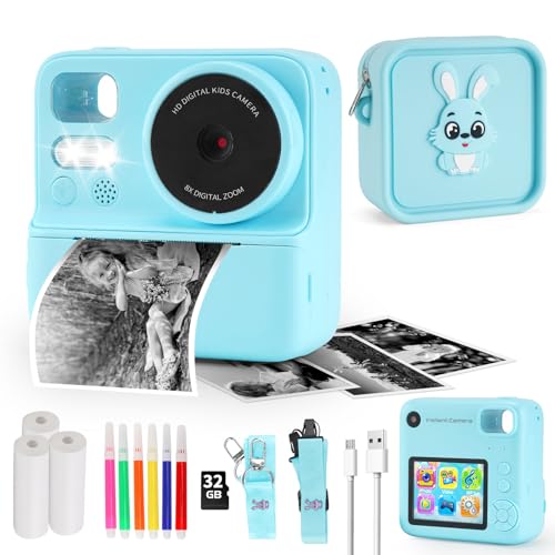 Instant Print Camera for Kids, 2.8 Inch Screen Kids Instant Cameras with A Protective Silicone Bag, Christmas Birthday Gifts for Kids Age 3-12, Digital Camera for Girls Boys (Blue)