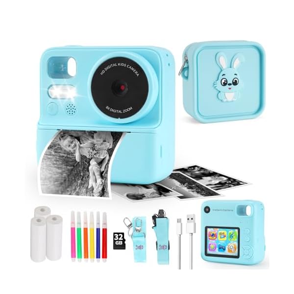 Instant Print Camera for Kids, 2.8 Inch Screen Kids Instant Cameras with A Protective Silicone Bag, Christmas Birthday Gifts for Kids Age 3-12, Digital Camera for Girls Boys (Blue)