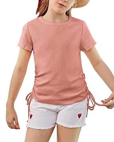Image of Imily Bela Girls Tees Shirts Cute Crew Neck Short Sleeve Side Drawstring Solid Tops Kids Children Summer Clothes