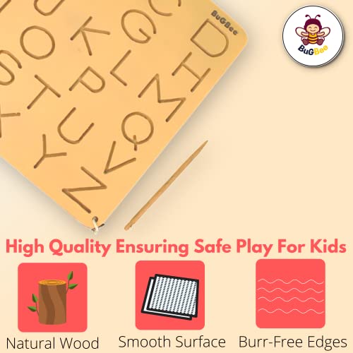 Image of BuGBee Alphabet tracing Board Capital ABC Wooden Slate | Montessori Materials Educational Puzzle Toys for 2+ Years Old Kids | Safe & Natural ABCD Board to Develop Memory & Writing Skills