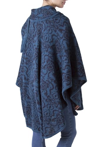 NOVICA Blue Alpaca Blend Ruana Cloak with Attached Matching Scarf, Lima Flora'3