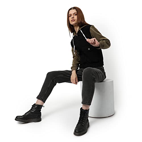 Image of Campus Sutra Women Black & Olive Green Regular Fit Denim Jacket For Winter Wear | Collared Neck | Full Sleeve | Buttoned | Casual Jacket For Woman & Girl | Western Stylish Jacket For Women