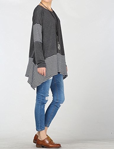 Mordenmiss Women's Stripes Asymmetry Tunic Swing Flowy Plain T-Shirt Top (3XL, Dark Gray)