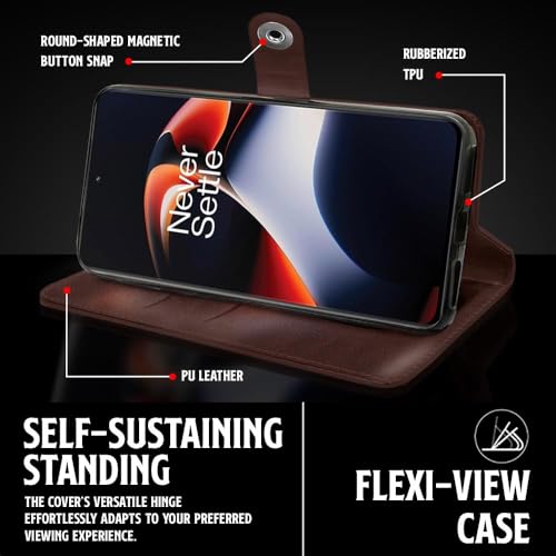 Image of WOW IMAGINE Shock Proof Flip Cover Back Case for 1+ OnePlus 11R 5G (Magnetic Button Flip Case | Wallet Pockets & Stand | Leather Finish | Coffee)