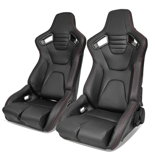 HYPER GLORY Universal Pairs of Racing Seat with Dual Sliders, PU Leather Front+Carbon Leather Back Reclinable Bucket Seat, Black+Red Stitch-Style 3