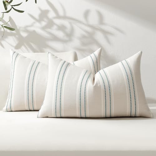 Image of Hckot Throw Pillow Covers 12x20 Set of 2 Teal Pillow Covers Farmhouse Decorative Pillows Textured Linen Square Cushion Covers for Sofa Couch Bed Living Room Decor(Teal)