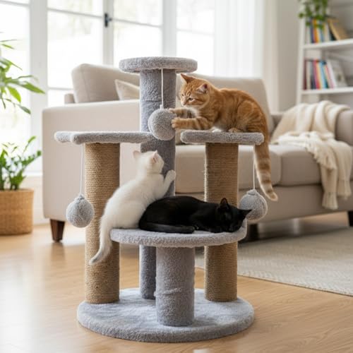Image of Multi-Level Play Cat Tree, Grey and Natural Sisal, 17 Inch Height with Plush Platforms, Scratching Posts, Hanging Balls, Indoor Activity Tower FURR-18-GR (Grey)