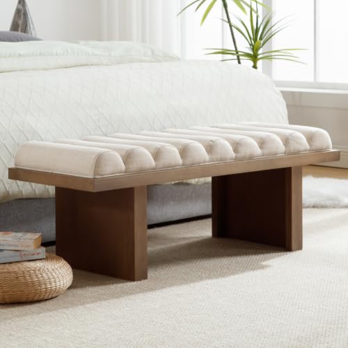 CIMOTA Modern Bedroom Bench, 47 Inch Upholstered End of Bed Bench Padded Entryway Bench with Cylindrical Cushion/Wood Legs, Wooden Window Bench for Living Room/Hallway, Linen Beige - image 1