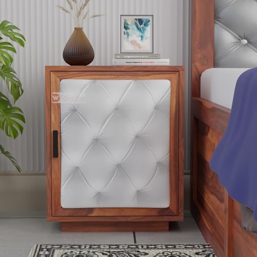 Image of DRIFTINGWOOD Solid Wood Dolvi Bedside Table | Wooden Bed Side Tables | Nightstand Side Table for Bedroom | Nigh Stand End Table with Upholstery Front | Natural Finish