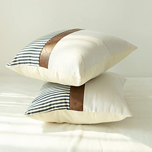 Shorping Farmhouse White And Navy Blue Stripe Patchwork Linen Throw Pillow Covers 20X20 Pillow Covers Set Of 2 Modern Cognac Brown Faux Leather Cushion Pillowcases For Couch Sofa Bed #TOP5