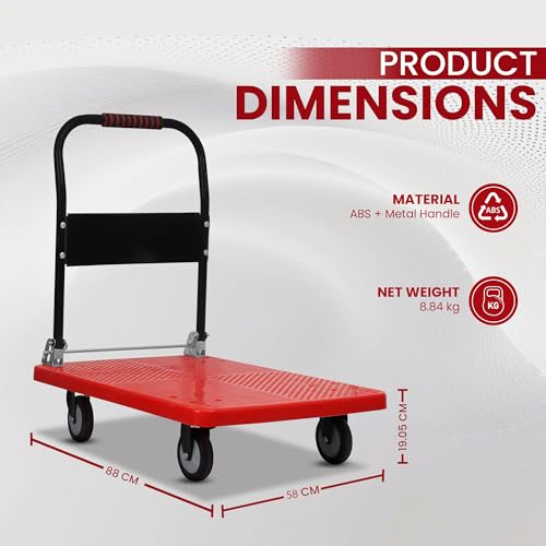 Image of Robustt 350 Kg Heavy-Duty Foldable Platform Trolley (Red) | Plastic Hand Truck with 360 Rotating Wheels & Cushioned Grip | Material Handling Cart for Home, Office, Warehouse & Industrial Use