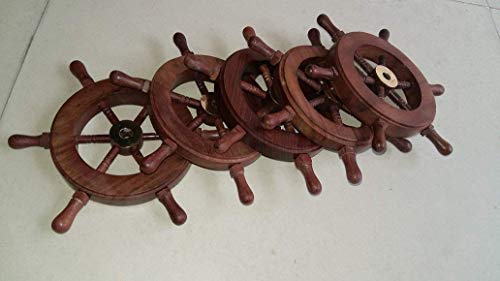 Nautical Pirate Wooden Ship Wheel Set of 5 W/brass Hub