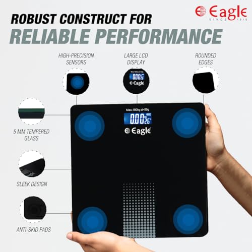 Image of Eagle Digital Weighing Scale for Body Weight 180Kg | Smart Fitness Weight Machine with LCD Display, Auto On /Off | Bathroom Scale for Home, Gym & Clinic - Black, EEP-1300A