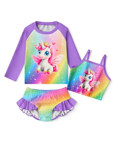 Image of LQSZ Girls Rash Guard Sets Long Sleeves Swimsuit 3 Pieces Tankini Bathing Suit Swimwear for Girls 3-12 Years