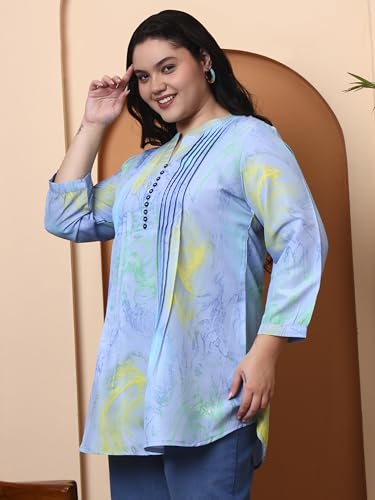 Image of Yash Gallery Women's Wrinkle Free Printed Short Kurti Mandarin Collar with Pintuck Pleats 3 /4th Sleeve