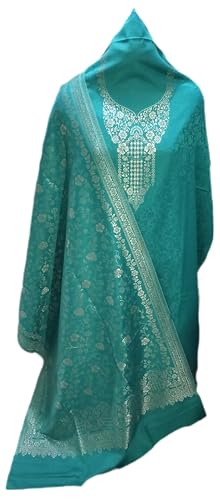 latest Womens designer pure woolen kashmiri suit(salwar kameez and shawl) winter wear kani,stylish woollen kurta pant set dress material (unstitched fabric) by pure Pashmina wool tex.(GREEN) SRT2R