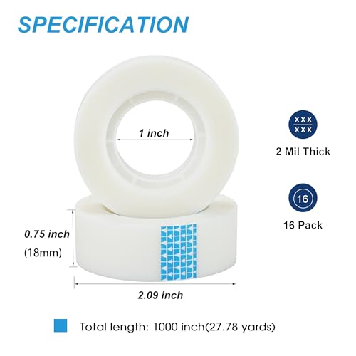 WOSWEL Tape Refills Bulk, 16 Rolls Invisible Tapes for Dispenser, 3/4 Inch X 1000 Inch, Writable Tape, Matte Finish Tape for Home School Office Supplies