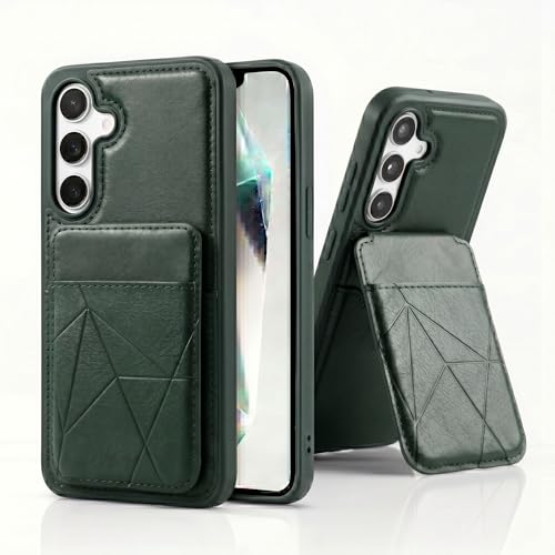 Image of amazon basics Premium Vegan Leather Back Cover with Card Holder and Integrated Mobile Stand for Samsung Galaxy S24FE 5G - Slim Shockproof Wallet Case with Geometric Stitching [Green]
