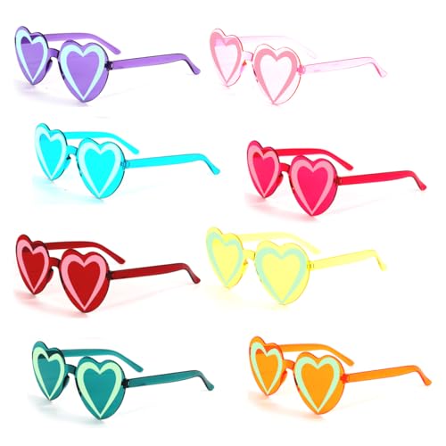 Heart Shaped Rimless Sunglasses, Jelly Fudge Series Bachelor Party Cool Sunglasses 8 Pack, Colors Funky Glasses Party Favors (Glow in Dark)