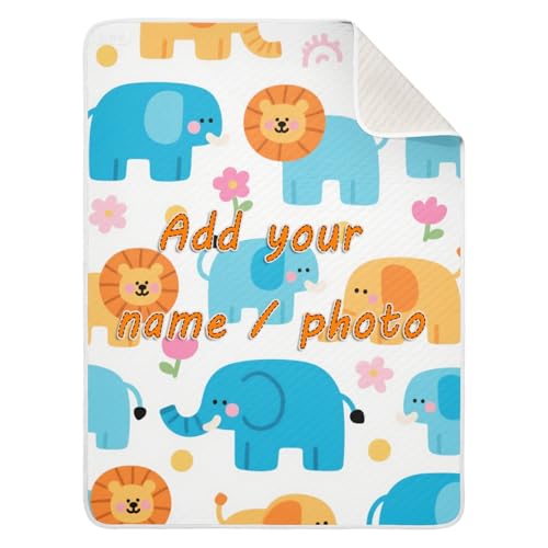 miaozhen Custom Cute Cartoon Blue Elephant and Lion Security Blanket Breathable personalizados para Kitten Blanket for Nursery Stroller Crib 30x40in...