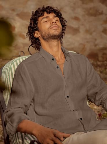 Image of Men's Long Sleeve Linen Shirt, Button Down, Casual Collared, Full Sleeve Shirt