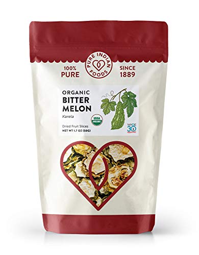 Pure Indian Foods Bitter Melon (Karela) 1.7 oz (50g) USDA Certified Organic Dried Bitter Gourd, 100% Natural, Non-GMO; Non-Irradiated, Dried Gourds, Dehydrated Fruit Slices