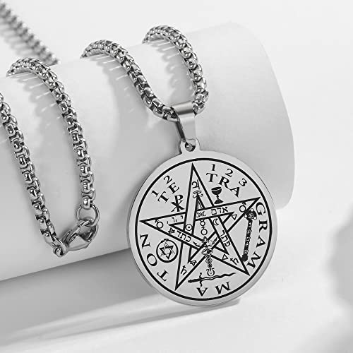 Tetragrammaton Pentacle Necklace for Men Pentagram Protection Amulet Wicca Jewelry, Five-pointed Star, Magical,The Ancient Power Name of God Stainless Steel 24 inches3