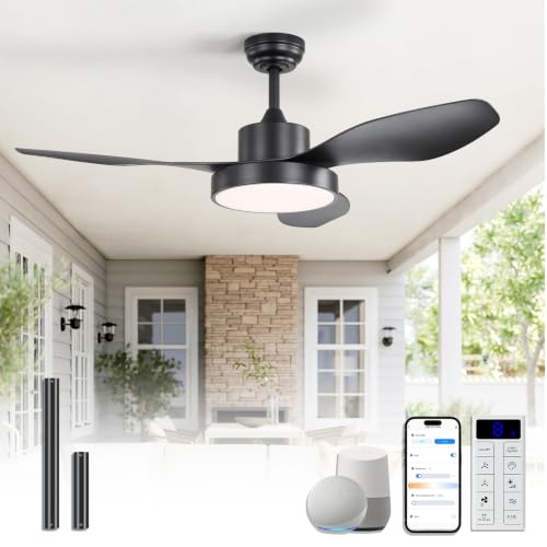 Image of Sofucor 47 Inch Ceiling Fan with Lights Flush Mount Modern Outdoor Ceiling Fans with Remote Control, 3CCT Dimmable 6 Speeds Quiet DC Motor & Timer for Patio Bedroom Living Room (Black, 47INCH)
