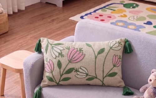 Image of Furnistitchs Boho Rectangle Cushion Cover 12x20 inches | Handmade Decorative Throw Pillow Case | Bohemian Home Decor Sofa Bed Cushion Cover Living Room Bedroom (1, Pink Tulips, 12x20 inches)