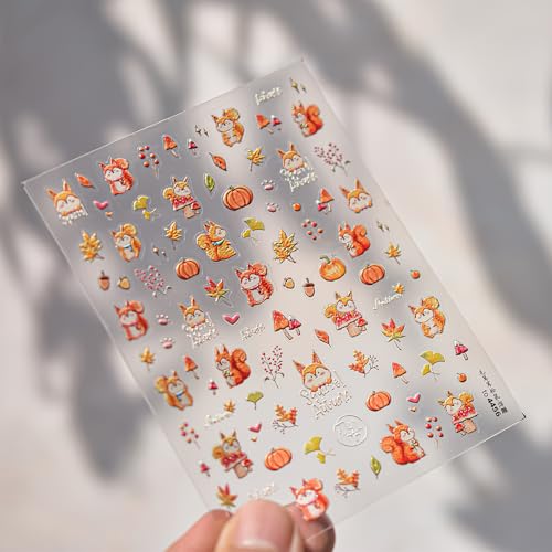 Image of Fall Nail Stickers Squirrel Nail Art Stickers Maple Leaf Nail Decals 5D Self Adhesive with Design Autumn Pumpkin Nails Art Decals Cute Nails Decoration for Women Girls Kid Manicure Charms Accessories