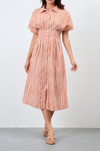 Image of Women's Striped Button Front Pleated Maxi Shirts Dress Short Sleeve Collar V Neck Summer Casual Corset Long Dress