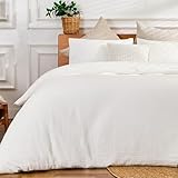 RENEWROOTS White Duvet Cover Queen Size, 100% Sandwashed Cotton Soft Queen Duvet Cover Set 3 Pieces with Zipper Clousre & Corner Buttons (White, Queen 90 x 90)
