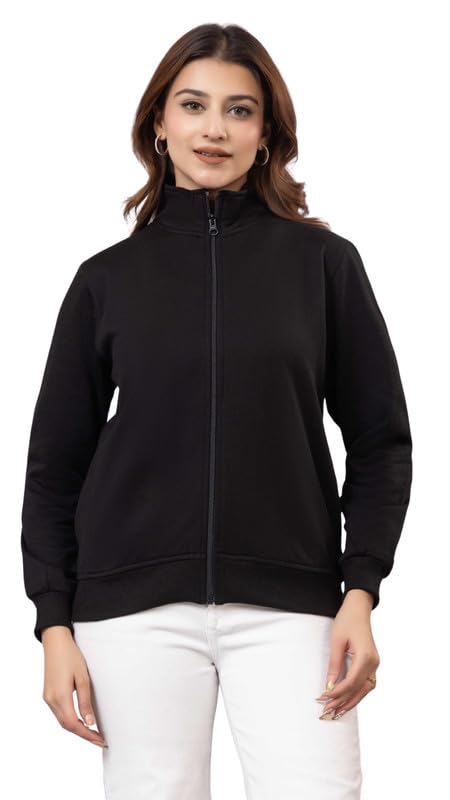 mlada Solid Cotton Long Sleeves Mandarian Collar Sweatshirt for Women | Slim Fit Cotton Front Zipper Sweatshirts with 2 Pockets | Lightweight & Soft Comfortable Winter Wear Sweatshirt Jacket-picture-30