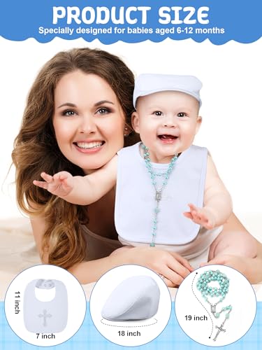 5 Pcs Baptism Gifts for Baby Boys Include White Embroidered Cross Bib Christening Socks Shoes Baptism Hat and Rosary christening outfits for Boys Toddler Infant First Communion Gift4