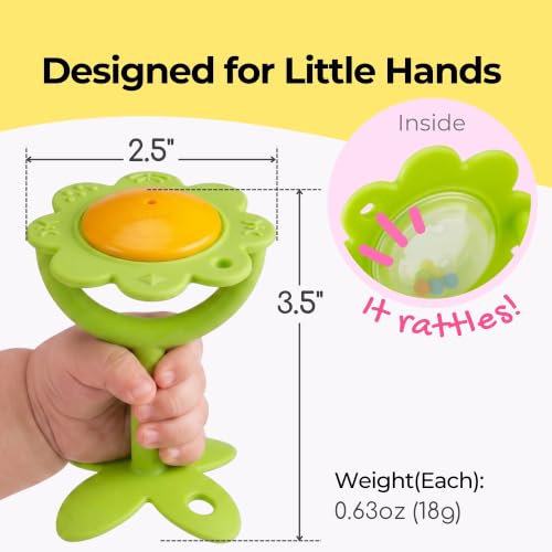 Image of Innobaby Original Teethin' Smart EZ Grip Flower Teether Rattle and Sensory Toy for Babies and Toddlers (2 Pack Green /Pink). BPA Free Teether