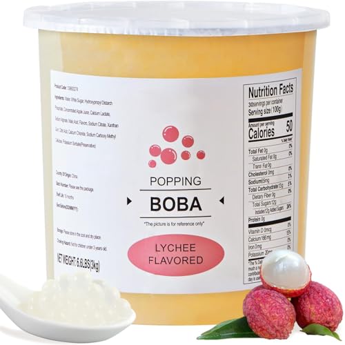 Image of Soeos Lychee Popping Boba Pearls, 6.6 lbs (3000g), Bursting Boba Pearls for Bubble Tea, Beverages, Shakes, Desserts, Smoothie and Ice Cream Topping, Ready-to-Eat