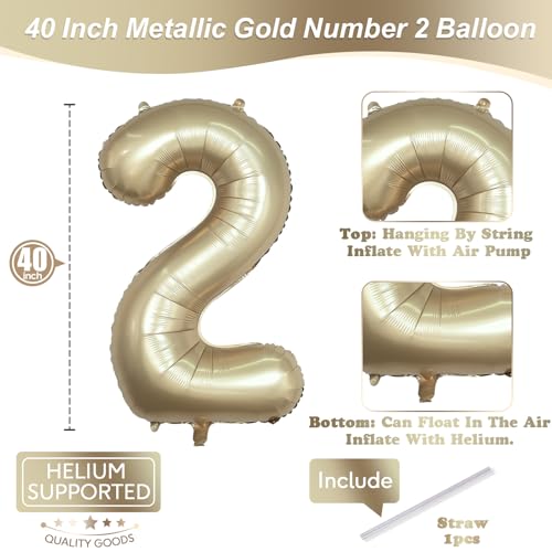 Image of Champagne Gold 2 Balloons, 40 Inch Giant Metallic Helium Mylar Foil Number 0-9, Light Gold 2nd Birthday Balloon for Boys Girls, Morados Numero Two for Women Anniversary Party Decorations