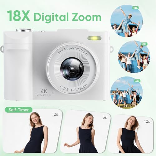 Image of 4K Digital Camera for Photography- 50MP Autofocus Vlogging Camera with 2.8 inch 180Flip Screen, 18X Digital Zoom- Compact Point and Shoot Camera with 32GB TF for YouTube, Travel, Beginners, White