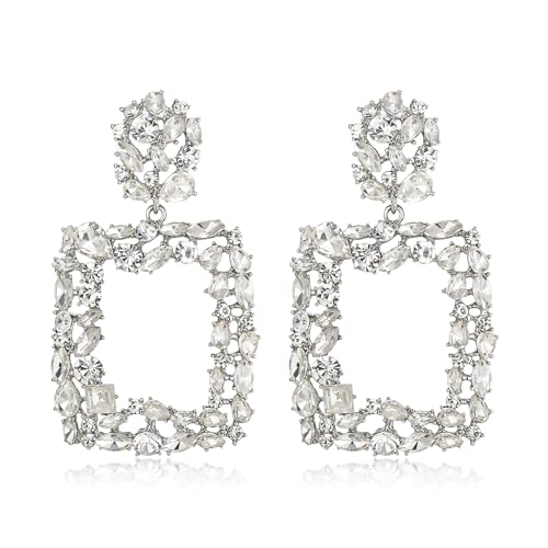 Rhinestone Crystal Geometric Earrings for Women, Statement Square Drop Dangle Chandelier Costume Jewelry
