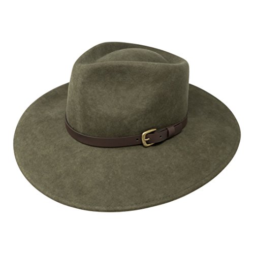 B&S Premium Lewis - Wide Brim Fedora Hat - 100% Wool Felt - Water Resistant - Leather Band - Olive Green 56