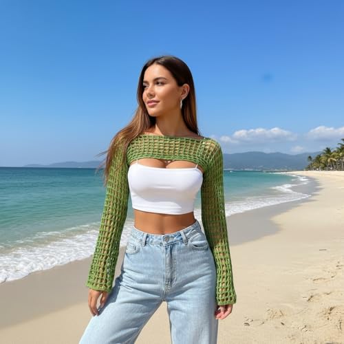 Image of Womens Crochet Shrug Y2K Hollow Out Bolero Shrug See Through Cropped Knit Sweater Top