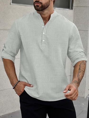 Image of GRECIILOOKS Kurta for Man | Shirt for Man Regular Fit | Mens Casual Shirts | Linen Shirt for Man's | Full Sleeve Shirts for Mens Stylish | Mandarin Collar | Kurta Placket Style
