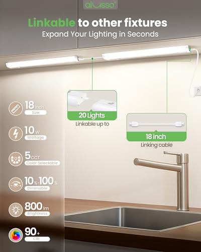 Image of ALUSSO 18 Inch LED Under Cabinet Lighting Plug in 120V, 5CCT Color Selectable 2700K-5000K Dimmable 10W 800LM High Brightness, CRI 90+ Strip Linkable Under Counter Lights for Kitchen Sink, 1 Pack