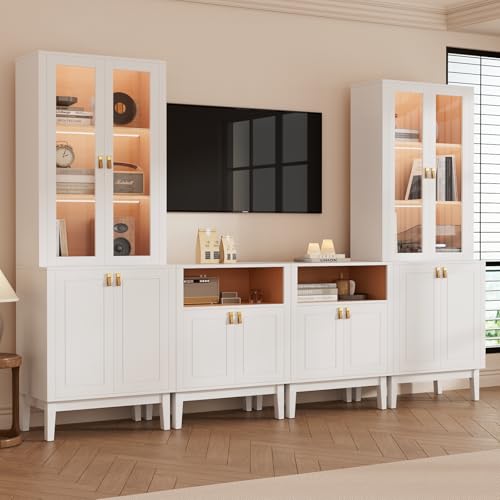 VOWNER Meuble TV Bibliotheque avec LED, 240 cm Grand Meuble Télé avec Portes en Verre pour TV jusqu'à 50 Pouces, Meuble TV Set, Buffet pour Salon, Cuisine,...