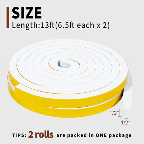 Image of Yotache White Foam Insulation Tape 1 /2 inch x1 /2 inch, Total 13 Ft