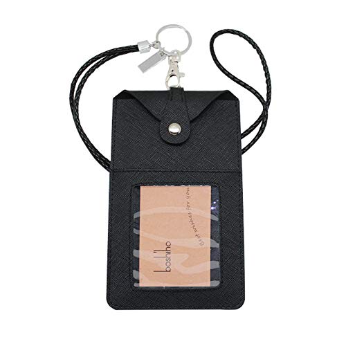 Boshiho Leather ID Card Badge Holder with Heavy Duty Lanyard Vertical Style Phone Holder for 4.7 inch 5.5 inch 6.1 inch Cellphone (Black with Keychain)