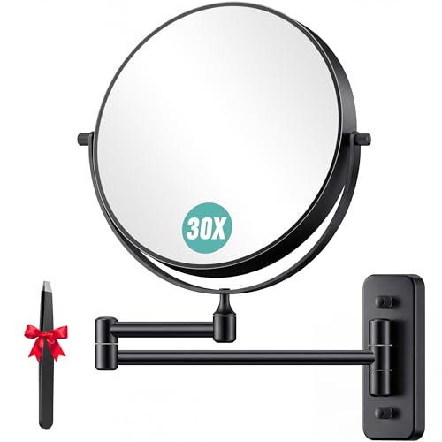 Auxmir 1X/30X Wall Mounted Makeup Mirror Double Sided Magnifying Mirror with Tweezers Bathroom Makeup Mirror Cosmetic Vanity Mirror with 360 Rotation Extendable Swivel Arm Black