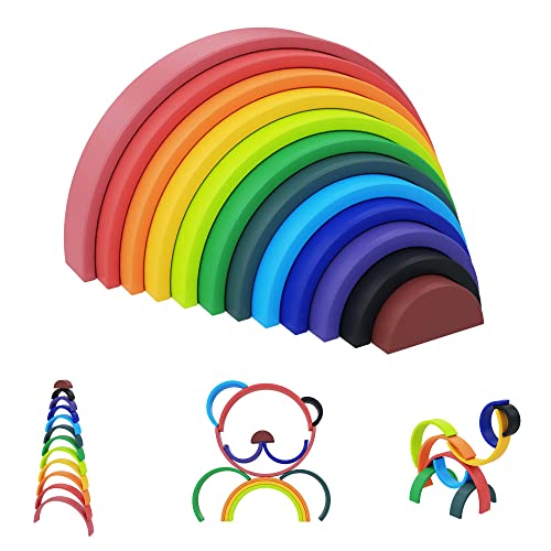 Pirouettely Extra Large Rainbow Stacker (12 Pieces) â€“ Bright Colors Rainbow Stacker Wooden Toy â€“ BPA Free Stacking Wooden Rainbow - Wooden Rainbow Stacker for Kids - Wooden Baby Toy, 14â€ x 7â€ x 2.75â€