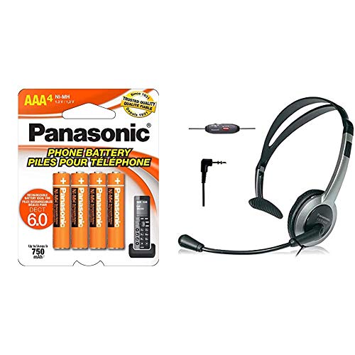 Panasonic Genuine HHR-4DPA/4B AAA NiMH Rechargeable Batteries, 4 Pack & KX-TCA430 Comfort-Fit, Foldable Headset with Flexible Noise-Cancelling Microphone and Volume Control, Regular, Grey/Silver